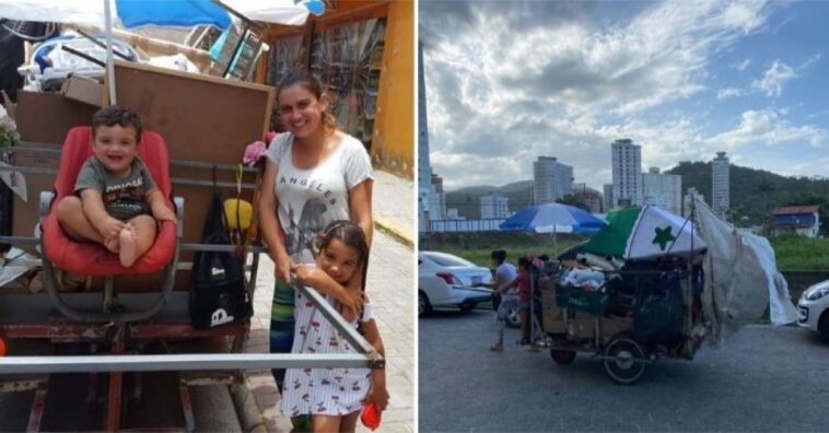 Mãe adapta carrinho de reciclagem para levar os filhos junto ao trabalho